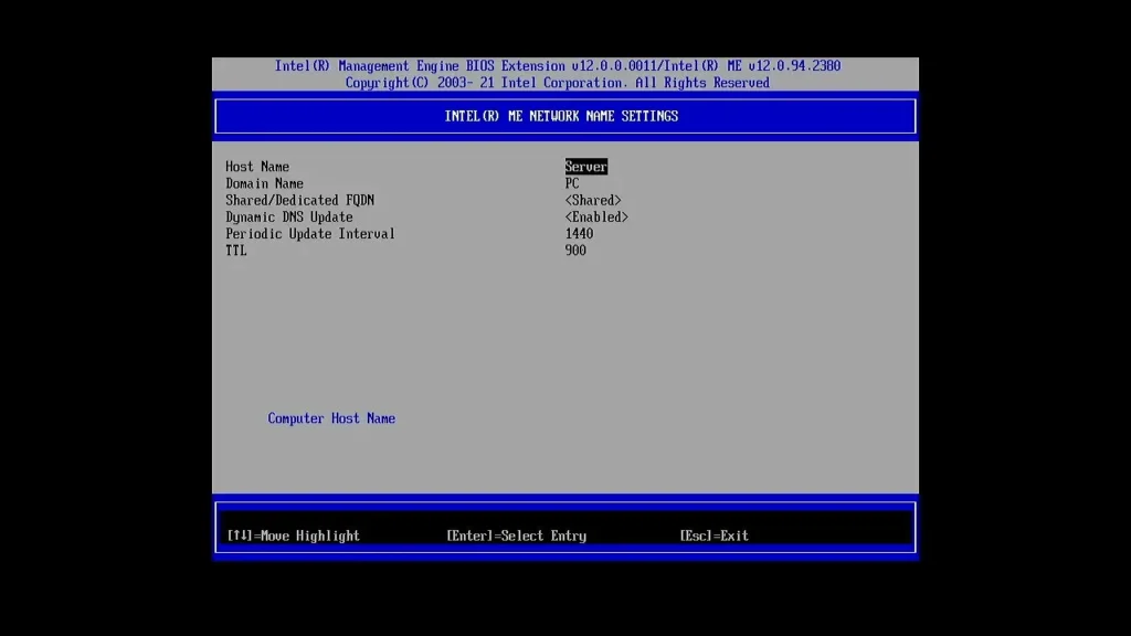 Intel ME Network Name Settings