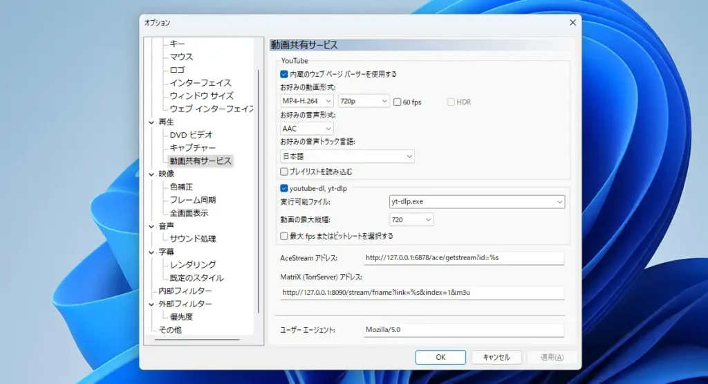MPC-BE 動画共有サービス設定