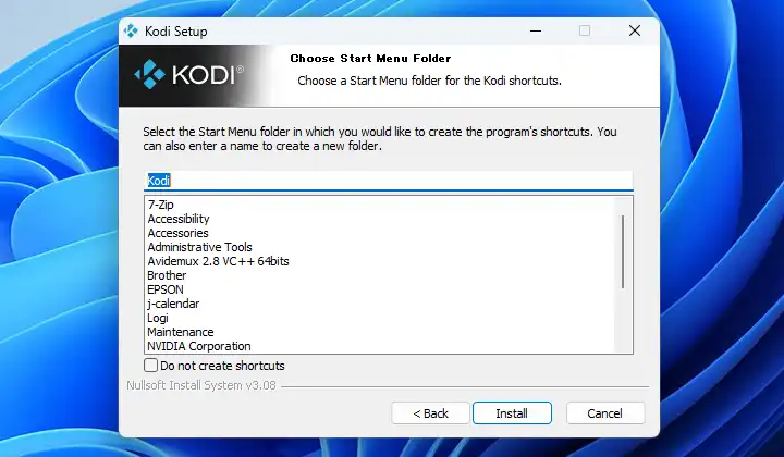 Kodi スタートメニューのショートカット画面