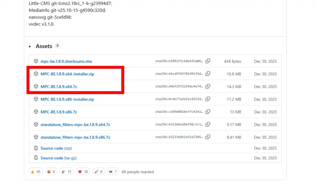 MPC-BE GitHubのダウンロードページ