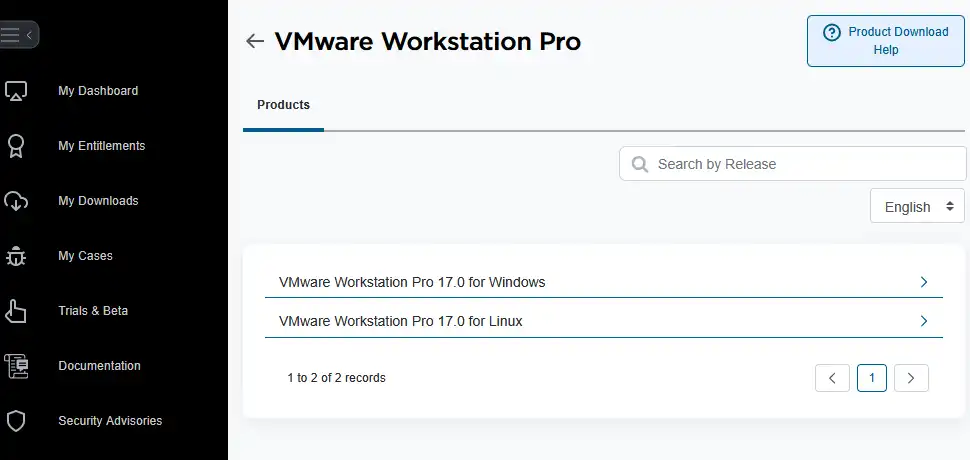 VMware Workstation Pro ダウンロード選択ページ