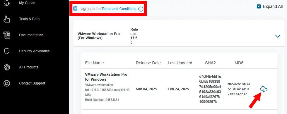 VMware Workstation Pro ダウンロードページ
