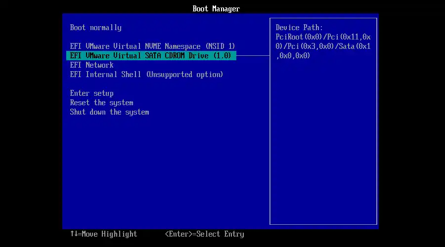 仮想マシン設定 Boot Manager画面