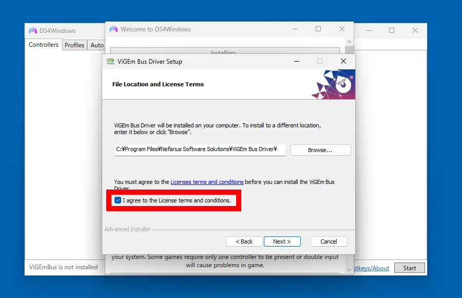 DS4Windows ドライバの規約に同意
