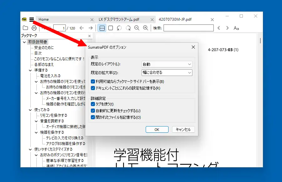 Sumatra PDF オプション画面
