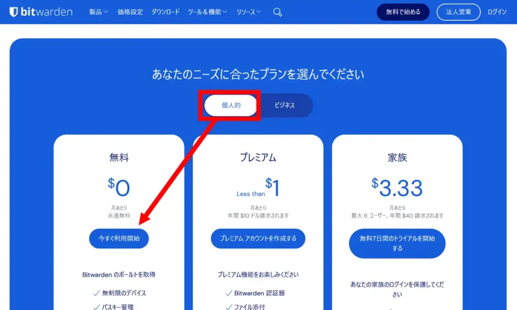 Bitwardenのプラン
