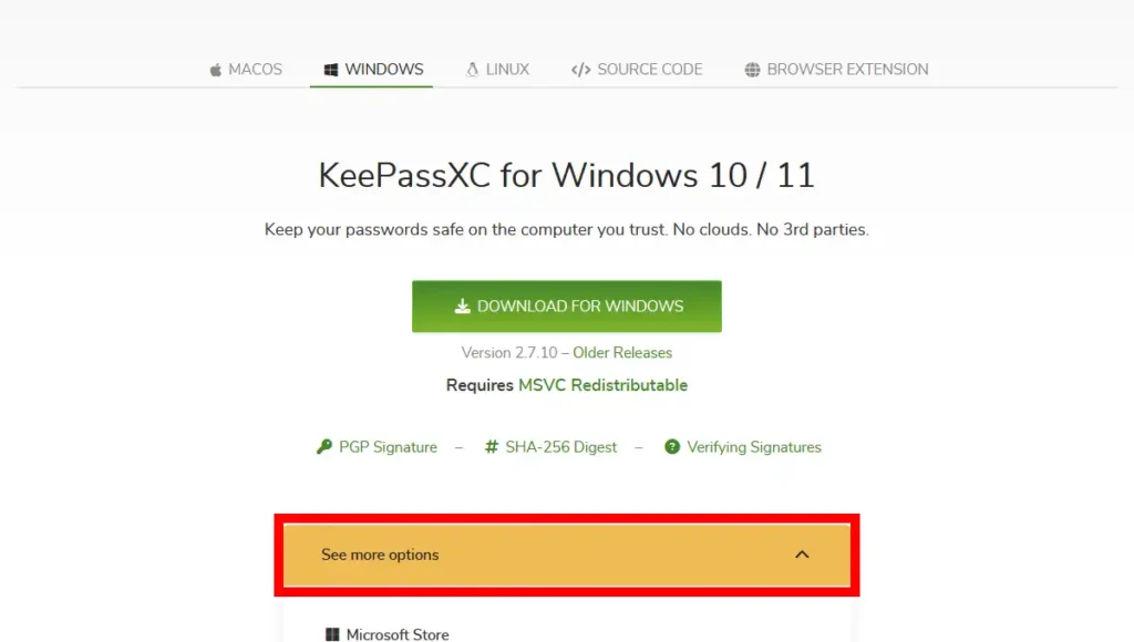 KeePassXC ダウンロードページ