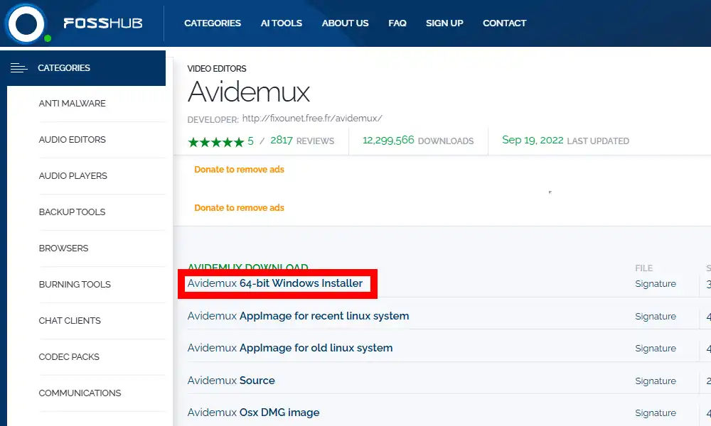 Avidemux ダウンロード