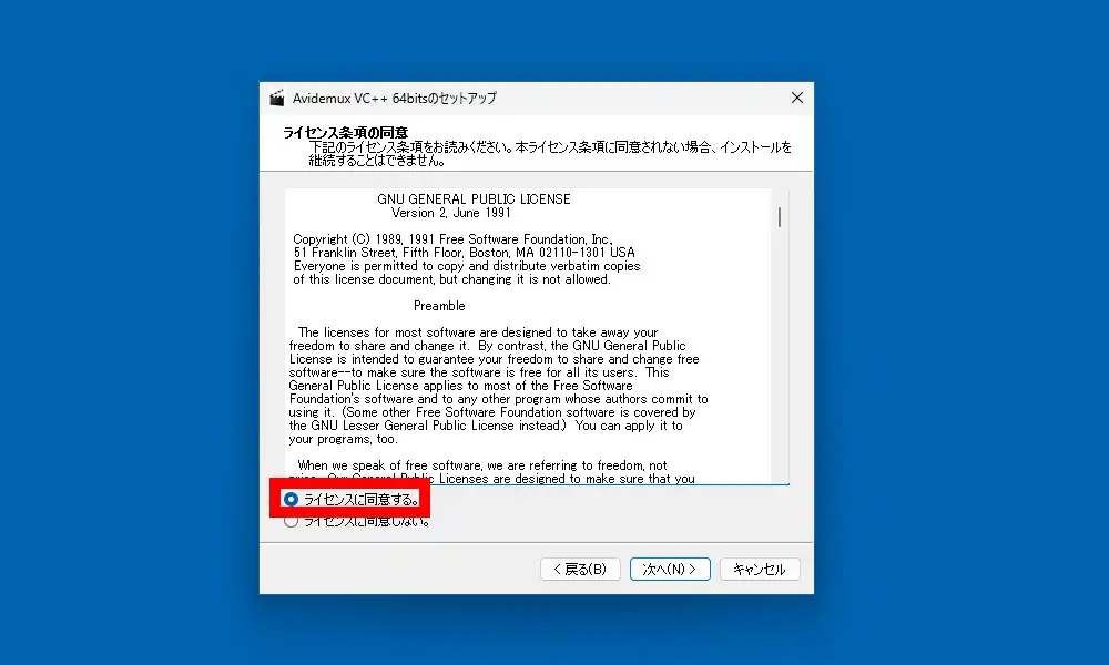 ライセンス条項の同意画面