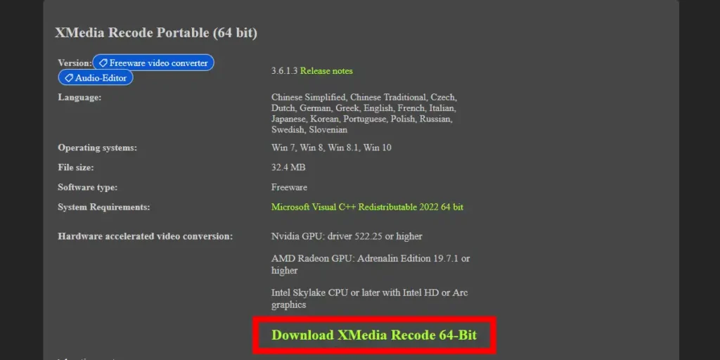 XMedia Recode ダウンロードページ