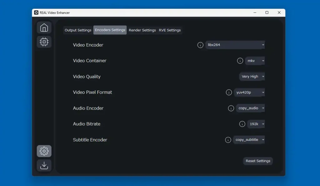 REAL Video Enhancerの設定画面  Encoders Settings