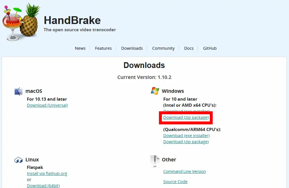 HandBrakeダウンロードページ