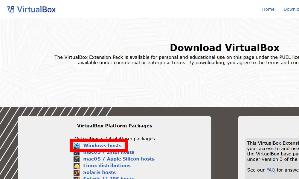 VirtualBoxダウンロードページ