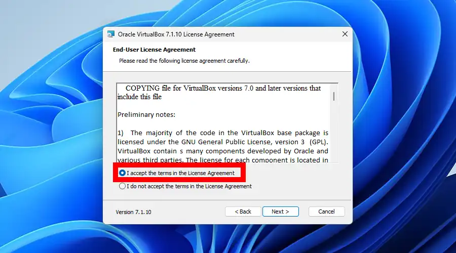 VirtualBox 規約画面
