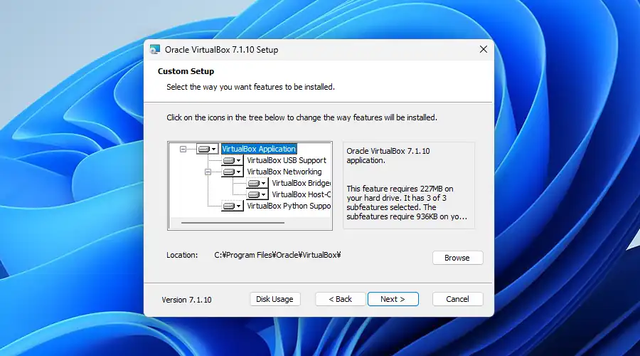 インストールするコンポーネントの選択画面