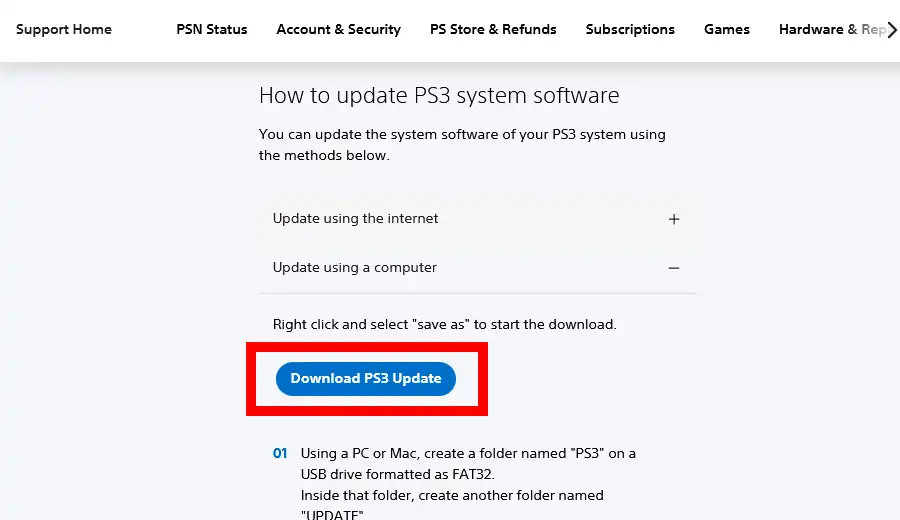 PS3用システムソフトウェア(ファームウェア)のダウンロード