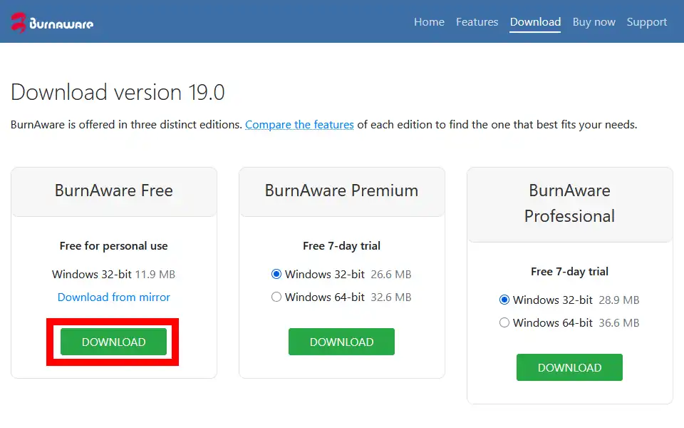 BurnAware 公式ダウンロードページ