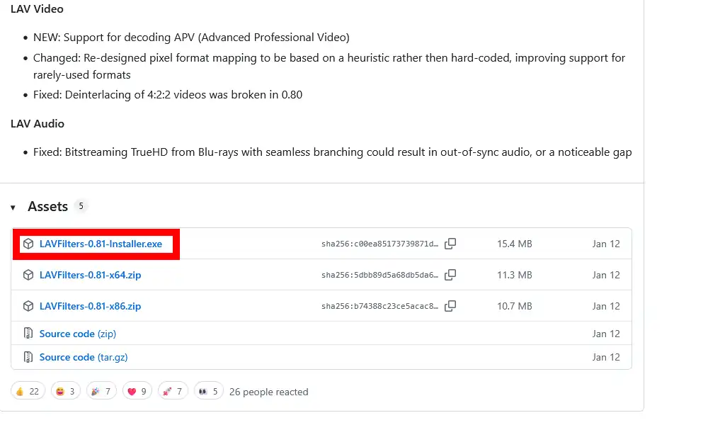LAVFiltersのダウンロードページ